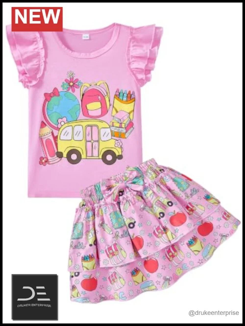 Girls 2-Piece Skirt Set Ruffle Sleeve Tiered Skirt Cotton Blend Summer Outfit
